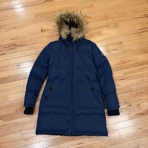 Noize Men’s Hooded Parka Jacket Blue Large Faux Fur Trim Full Zip Pockets Vegan